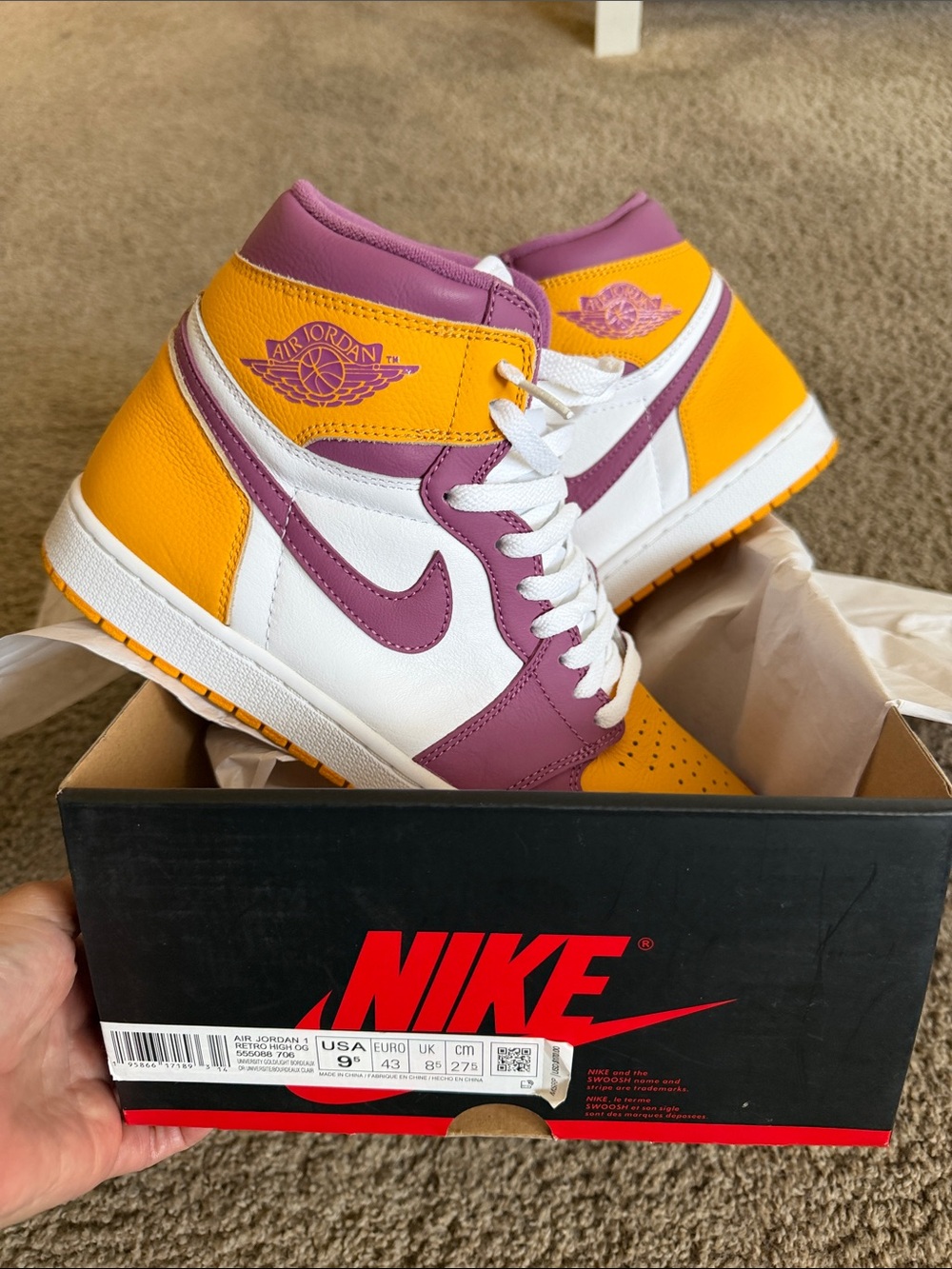 Air Jordan 1 Mid Top Sneakers in Purple, Yellow & White